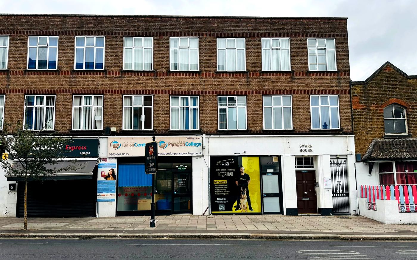The front of Swarn House at 300 High Street, Acton, showing the London Paragon College sign above the entrance
